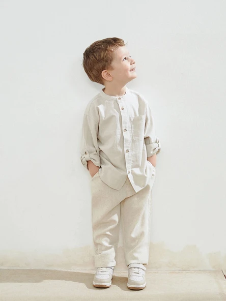 LCW Kids Ekru Beli Lastikli Keten Erkek Çocuk Pantolon ürün görseli 1