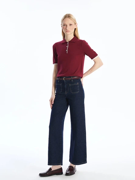 LCW Jeans Indigo Beli Kemerli Wideleg Kadın Jean Pantolon ürün görseli 1