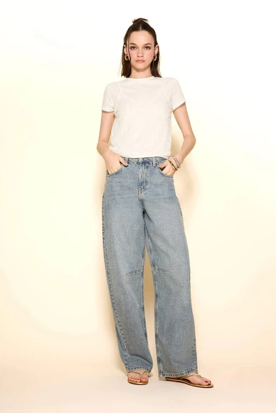 Defacto E9152AXNM28 Mavi Baggy Fit Yüksek Bel Uzun Jean Yıkamalı Pantolon ürün görseli 1