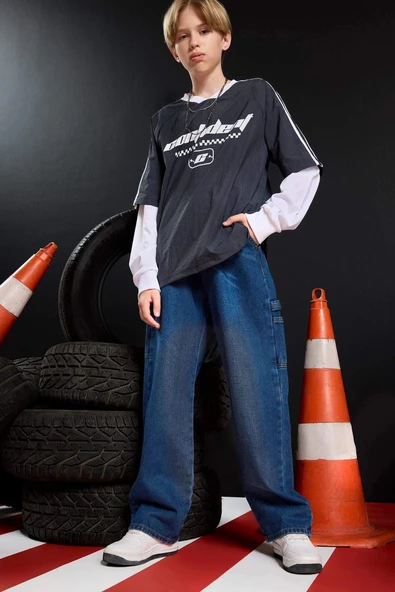 Defacto F0457 Mavi Erkek Çocuk Wide Leg Düz Paça Jean Pantolon ürün görseli 1