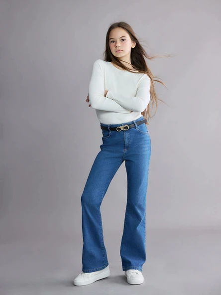 LCW Kids İndigo İspanyol Paça Kız Çocuk Jean Pantolon ürün görseli 1