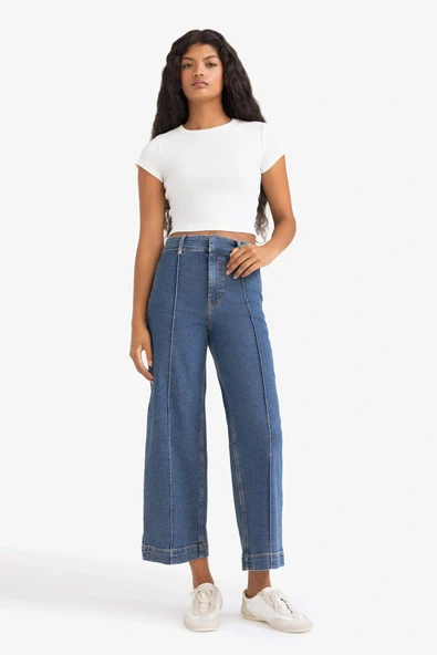 Defacto E9160AXNM28 Mavi Culotte Yüksek Bel Crop Fit Crop Jean Kar Yıkamalı Pantolon ürün görseli 1