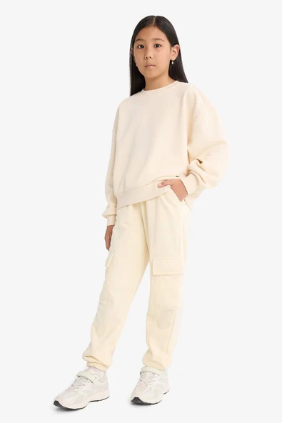 Defacto E6928A8ER134 Ekru Kız Çocuk Beli Lastikli Kargo Jogger Eşofman Altı ürün görseli 1