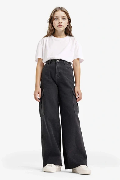 Defacto E7323A8NM36 DENIM Kız Çocuk Wide Leg Kargo Geniş Paça Jean Pantolon ürün görseli 1