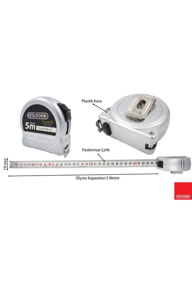 Compact 5 Metre Şerit Metre (PASLANMAZ ÇELİK) P05s-0519 - Resim 2