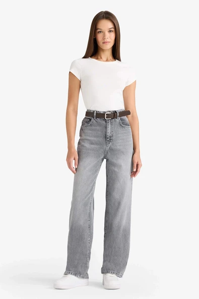 Defacto F5522AXNM55 Gri 90's Wide Leg Yüksek Bel Uzun Jean Yıkamalı Pantolon ürün görseli 1