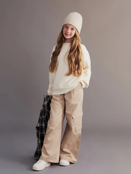 LCW Kids Bej Wideleg Kız Çocuk Kargo Pantolon ürün görseli 1