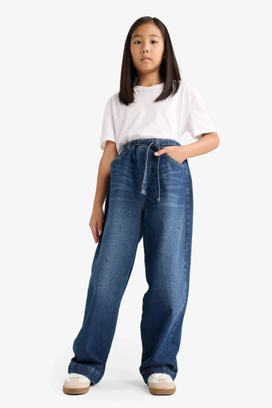 Defacto G2949A8NM28 Mavi Kız Çocuk Wide Baggy Fit Beli Lastikli Jean Pantolon ürün görseli 1