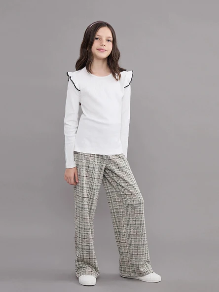 LCW Kids Bej Beli Lastikli Ekose Kız Çocuk Pantolon ürün görseli 1