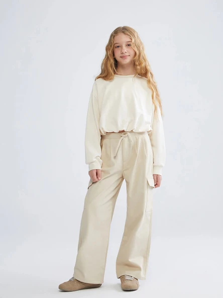 LCW Kids Bej Beli Lastikli Gabardin Kız Çocuk Pantolon ürün görseli 1