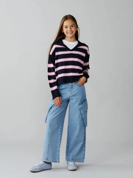 LCW Kids İndigo Beli Ayarlanabilir Lastikli Kız Çocuk Kargo Jean Pantolon ürün görseli 1