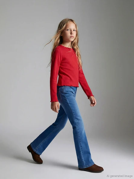 LCW Kids İndigo İspanyol Paça Kız Çocuk Jean Pantolon ürün görseli 1