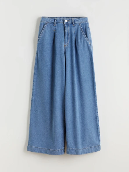 LCW Kids İndigo Wideleg Pileli Kız Çocuk Jean Pantolon ürün görseli 1