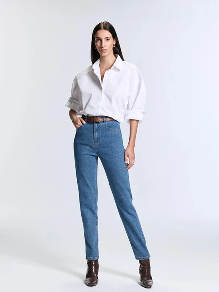 LCW Jeans Indigo Beli Kemerli Mom Fit Kadın Jean Pantolon ürün görseli 1