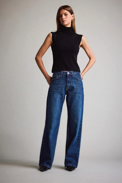 Defacto F3093AXNM34 Mavi Straight Wide Yüksek Bel Düz Paça Uzun Jean Pantolon ürün görseli 1