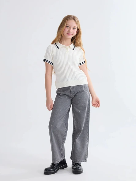 LCW Kids Gri Wideleg Kız Çocuk Jean Pantolon ürün görseli 1