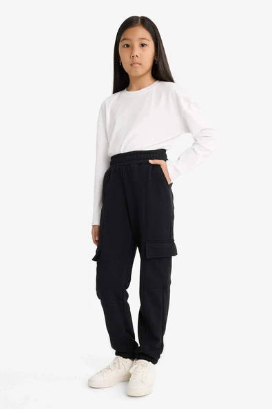 Defacto E6928A8BK81 Siyah Kız Çocuk Beli Lastikli Kargo Jogger Eşofman Altı ürün görseli 1