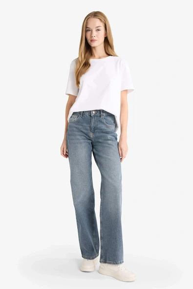Defacto F5527AXNM28 Mavi Straight Wide Yüksek Bel Uzun Jean Yıkamalı Pantolon ürün görseli 1