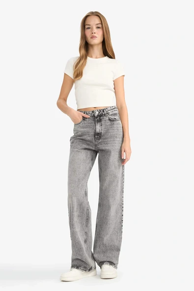 Defacto G3543AXNM55 Gri Straight Fit Yüksek Bel Uzun Jean Yıkamalı Pantolon ürün görseli 1