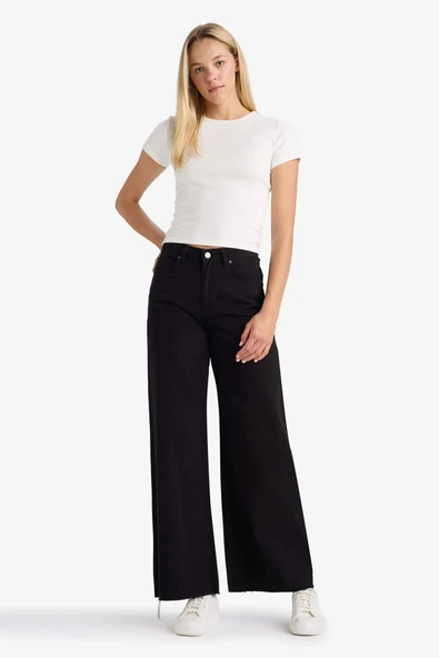 Defacto E4381AXBK81 Siyah Wide Leg Normal Bel Standart Boy Gabardin Pantolon ürün görseli 1