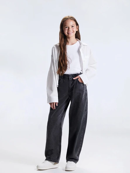 LCW Kids Siyah Barrel Fit Kız Çocuk Jean Pantolon ürün görseli 1