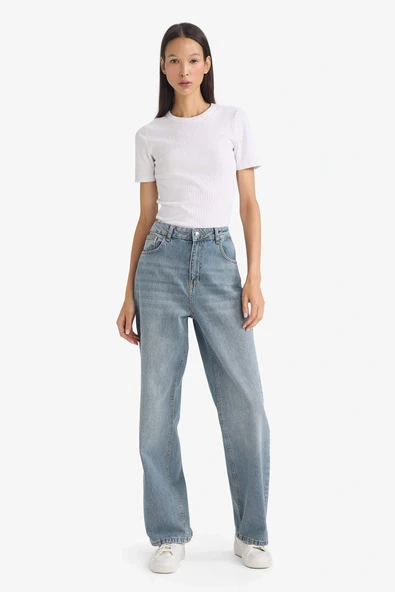 Defacto G1404AXNM28 Mavi 90's Wide Leg Yüksek Bel Uzun Jean Yıkamalı Pantolon ürün görseli 1