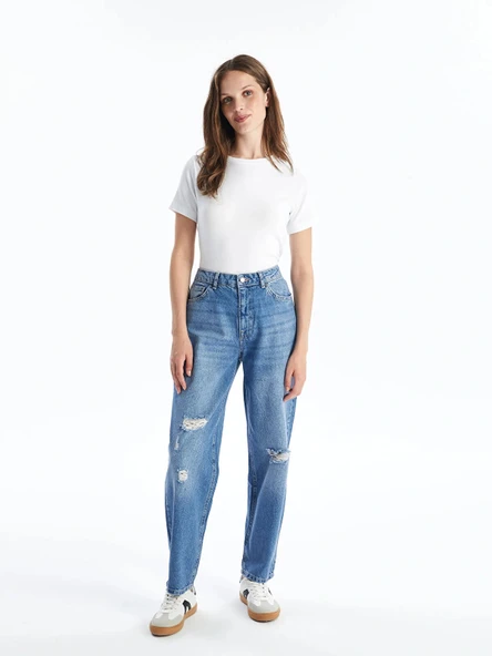 LCW Jeans İndigo Yırtık Detaylı Boyfriend Fit Kadın Jean Pantolon ürün görseli 1