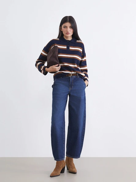 LCW Jeans İndigo Beli Kemerli Barrel Fit Kadın Jean Pantolon ürün görseli 1