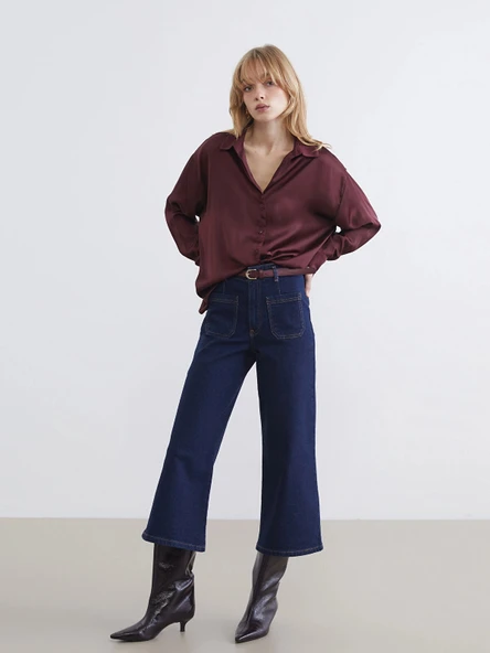 LCW Jeans İndigo Beli Kemerli Wideleg Kadın Jean Pantolon ürün görseli 1