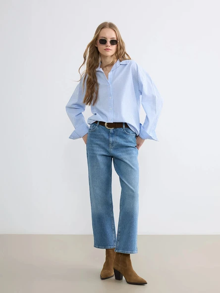 XSIDE Mavi Beli Kemerli Wideleg Kadın Jean Pantolon ürün görseli 1