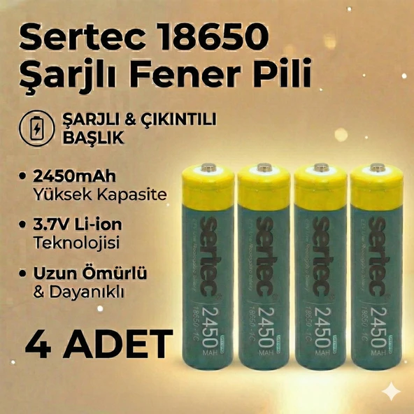 Sertec 18650 1C Şarjlı Pil 2450mAh Çıkıntılı Başlıklı Fener Pili 3.7V Li-ion 4lü ürün görseli 1