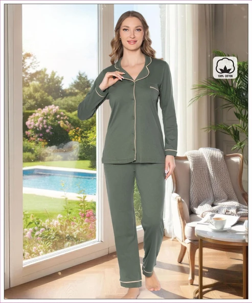 Melodi Kadın %100 PAMUK Önden Düğmeli Uzun Kol Baharlık Pijama Takımı 16218 - 1 Adet  2XL Haki ürün görseli 1