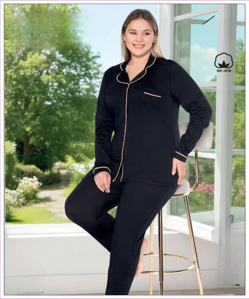 Melodi Kadın Büyük Beden %100 PAMUK Önden Düğmeli Uzun Kol Baharlık Pijama Takımı 17139- 1 Adet  Siyah 3XL ürün görseli 1
