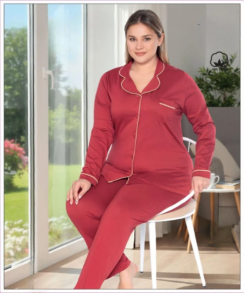 Melodi Kadın Büyük Beden %100 PAMUK Önden Düğmeli Uzun Kol Baharlık Pijama Takımı 17140- 1 Adet  Bordo 2XL ürün görseli 1