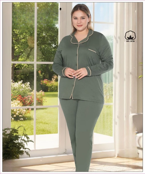 Melodi Kadın Büyük Beden %100 PAMUK Önden Düğmeli Uzun Kol Baharlık Pijama Takımı 17138- 1 Adet  Haki 3XL ürün görseli 1