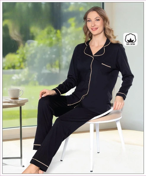 Melodi Kadın %100 PAMUK Önden Düğmeli Uzun Kol Baharlık Pijama Takımı 16219 - 1 Adet  XL Siyah ürün görseli 1