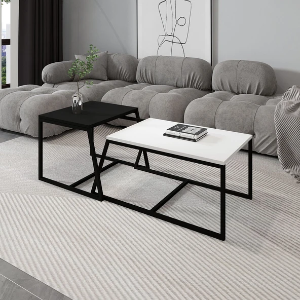 Minimal İkili Orta Sehpa – Modern Tasarım, Çok Amaçlı Kullanım  Beyaz/Siyah ürün görseli 1