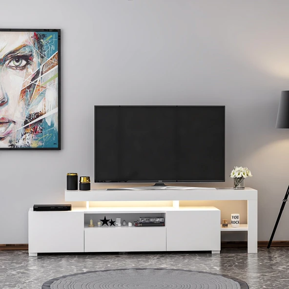 Alaz T0014 LED Işıklı Modern TV Sehpası – Çok Bölmeli Depolama Alanı  Beyaz ürün görseli 1