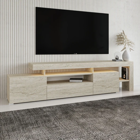 Alaz T0014 LED Işıklı Modern TV Sehpası – Çok Bölmeli Depolama Alanı  Traverten ürün görseli 1