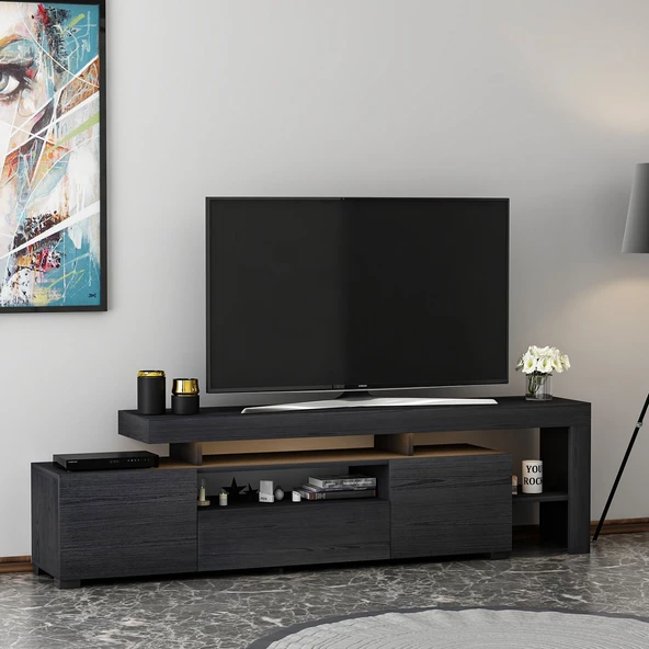 Alaz T0014 LED Işıklı Modern TV Sehpası – Çok Bölmeli Depolama Alanı  Ahşap Siyah ürün görseli 1