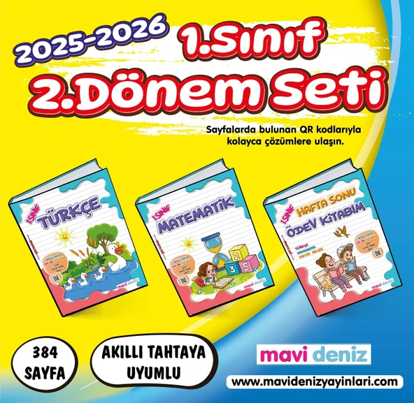 Mavi Deniz 2026 1. Sınıf 2. Dönem Türkçe + Matematik + Hafta Sonu 3 Kitap Seti Güncel Müfredat ürün görseli 1