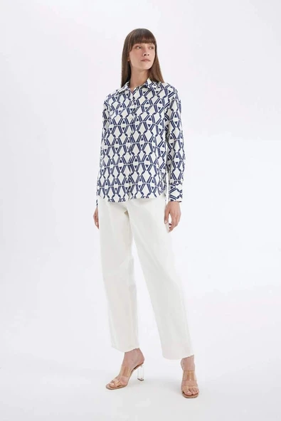D4511 Oversize Fit Desenli Uzun Kollu Gömlek ürün görseli 1