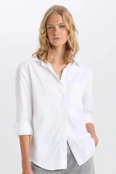 D3129 Oversize Geniş Kalıp Cepli Basic Düz Poplin Uzun Kollu Beyaz Gömlek ürün görseli 1