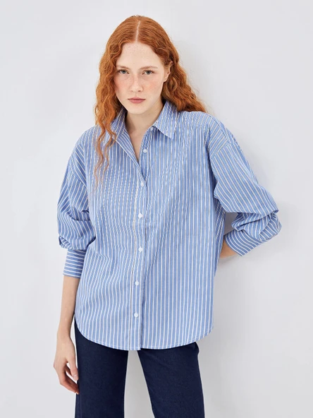 LCW Vision MAVİ Çizgili Oversize Poplin Kadın Gömlek ürün görseli 1