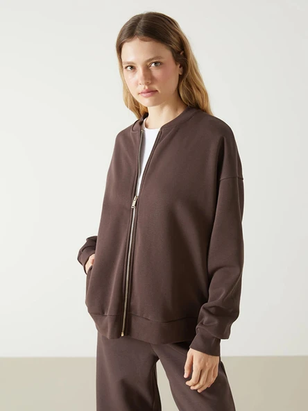 LCW Vision Kahverengi Kolej Yaka Oversize Kadın Fermuarlı Sweatshirt ürün görseli 1
