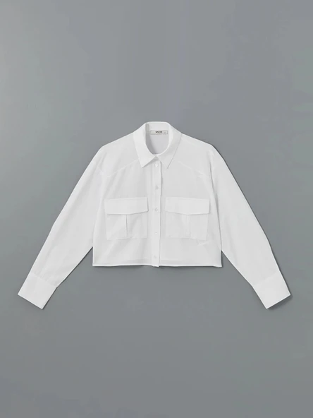XSIDE BEYAZ Crop Poplin Kadın Gömlek - Resim 5