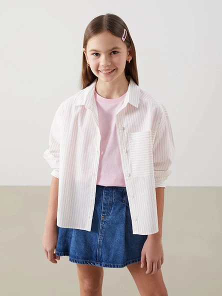 LCW Kids PEMBE Çizgili Kız Çocuk Crop Gömlek ürün görseli 1