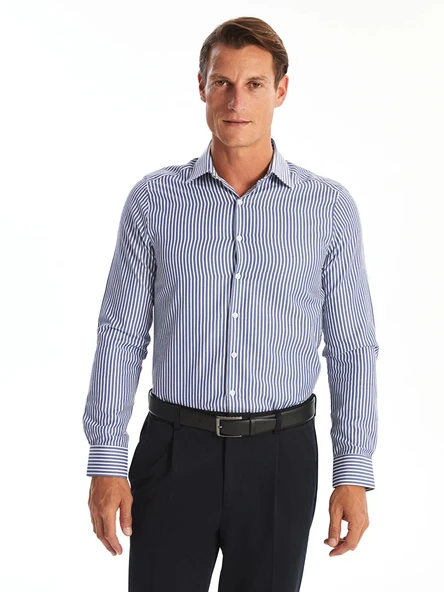LCWAIKIKI Formal Lacivert Slim Fit Uzun Kollu Çizgili Poplin Erkek Gömlek ürün görseli 1