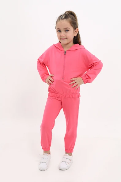 Toontoy Kız Çocuk 2'li Takım Kapüşonlu Fermuarlı Sweatshirt & Beli Paçası Lastikli Jogger Eşofman Altı - 2 İplik ürün görseli 1