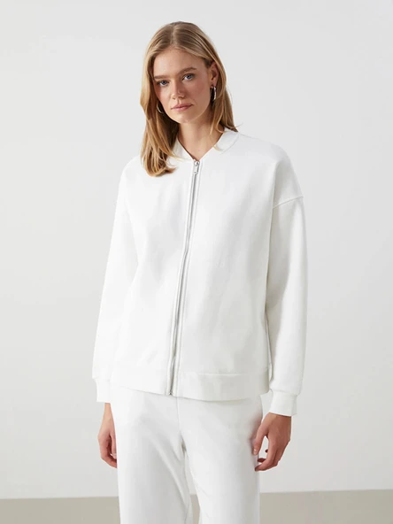 LCW Vision Ekru Kolej Yaka Oversize Kadın Fermuarlı Sweatshirt ürün görseli 1